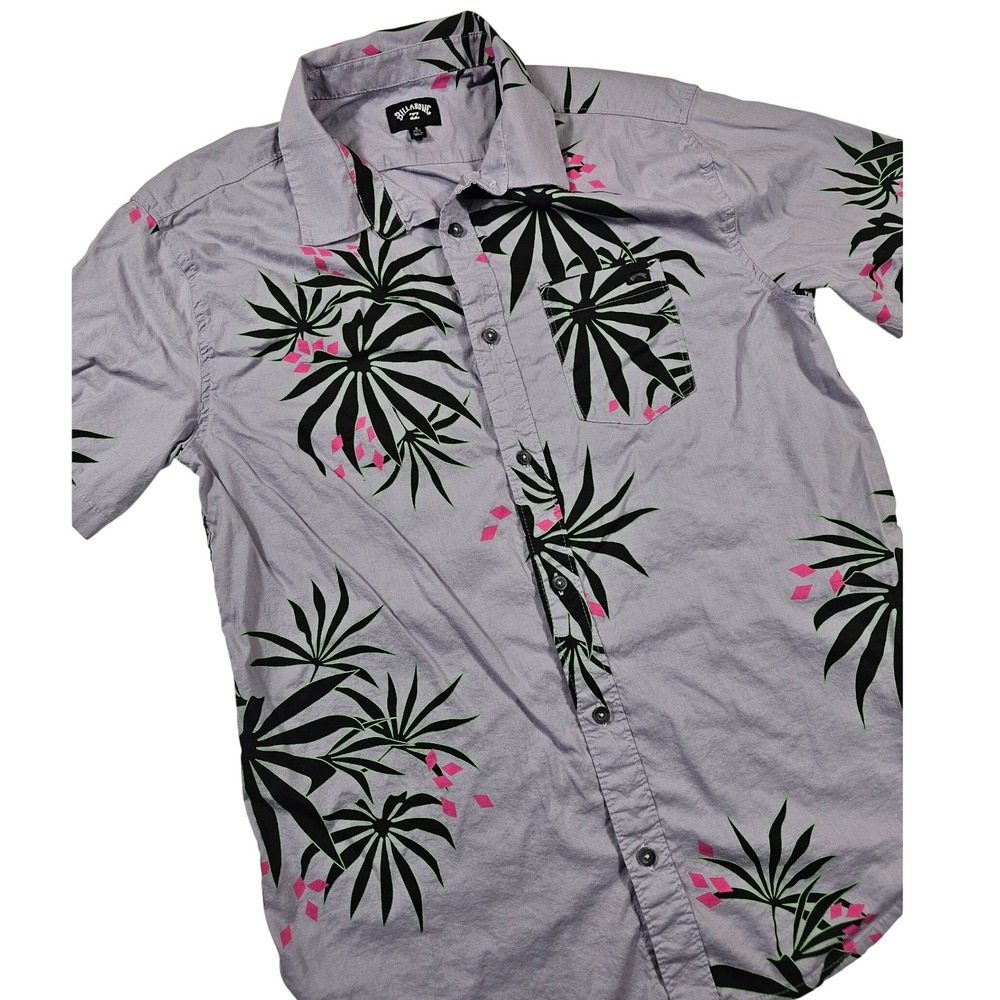 Billabong Mens Short Sleeve Button Down Tropical Palm Print Shirt Lavender Small